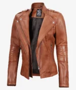 Brown leather jacket with asymmetrical zipper and notched collar, featuring shoulder epaulettes and zippered pockets, exuding a stylish, edgy vibe.