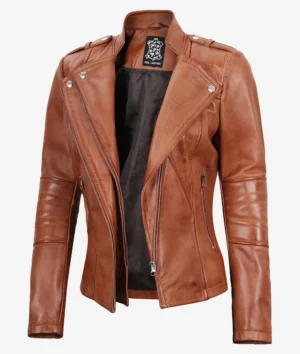 Brown leather jacket with asymmetrical zipper and notched collar, featuring shoulder epaulettes and zippered pockets, exuding a stylish, edgy vibe.