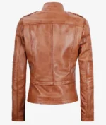 Brown leather jacket shown from the back, featuring shoulder epaulettes, vertical seam details, and quilted stitching on the sleeves. Casual and stylish.