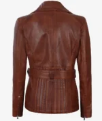 Brown leather jacket with a belt at the waist, shown from the back. Features a tailored fit, vertical stitching, and zippers on the cuffs.