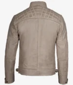 Back view of a taupe leather jacket with quilted stitching on shoulders. Features include a stand collar, adjustable waist tabs, and a sleek, modern design.