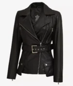 Black leather jacket with an asymmetrical zipper, wide collar, and belted waist. Features metal snap pockets, conveying a sleek, edgy style.