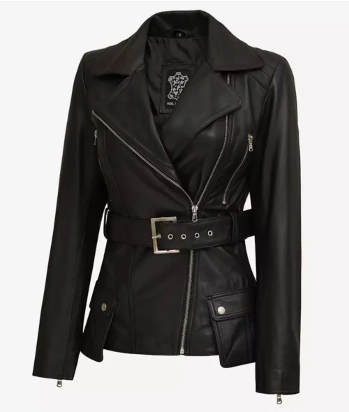 Black leather jacket with an asymmetrical zipper, wide collar, and belted waist. Features metal snap pockets, conveying a sleek, edgy style.