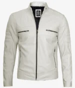 White leather jacket with a front zipper, four zippered pockets, and quilted shoulder detailing. Stylish, modern, and sleek appearance.