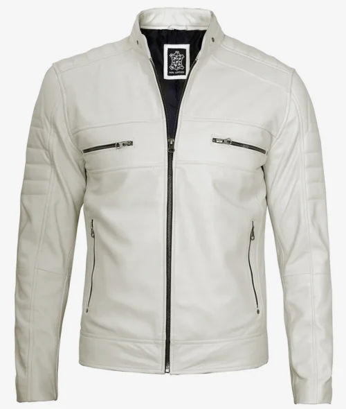 White leather jacket with a front zipper, four zippered pockets, and quilted shoulder detailing. Stylish, modern, and sleek appearance.