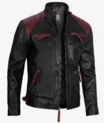 Black leather jacket with quilted burgundy accents on shoulders. Features zippered pockets and front zipper closure. Stylish and modern design.
