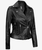 Black leather jacket with asymmetrical zip, silver hardware, and belted waist. The sleek and edgy design conveys a chic, bold fashion statement.