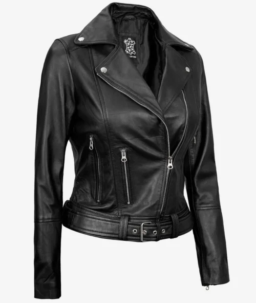 Black leather jacket with asymmetrical zip, silver hardware, and belted waist. The sleek and edgy design conveys a chic, bold fashion statement.