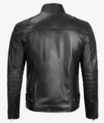 Black leather jacket from the back, showcasing a sleek design with quilted shoulder and sleeve detailing, conveying a stylish and edgy tone.