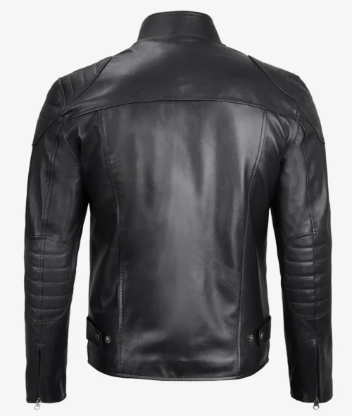 Black leather jacket from the back, showcasing a sleek design with quilted shoulder and sleeve detailing, conveying a stylish and edgy tone.