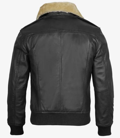 Back view of a black leather jacket with a fluffy beige collar. The jacket features detailed stitching and ribbed cuffs and hem, conveying a classic, rugged style.