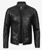 Black leather jacket with a stand-up collar, front zipper closure, and two zippered chest pockets. The sleek design conveys a modern, edgy style.