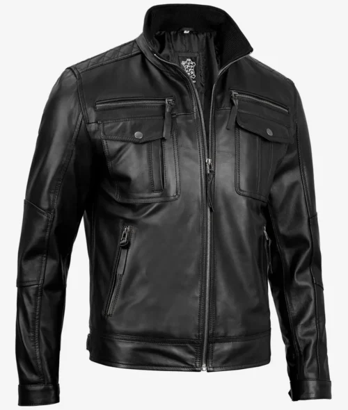 Black leather jacket with stand-up collar and zipper closure. Features multiple zippered and buttoned pockets on the front, conveying a sleek, modern style.