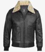 Black leather jacket with a cream faux fur collar, featuring a front zipper and patch pockets. The design exudes classic, rugged style.
