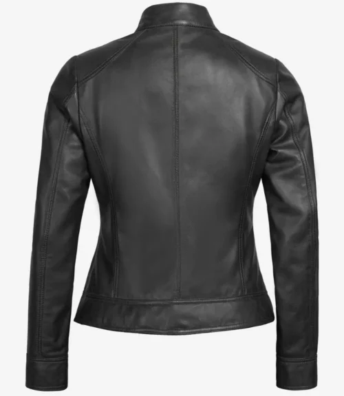 Black leather jacket viewed from the back, featuring a sleek, fitted design with detailed stitching. The tone is stylish and modern.