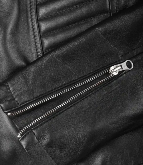 Close-up of a black leather jacket with visible silver zipper. The texture is smooth, conveying a sleek and stylish appearance.