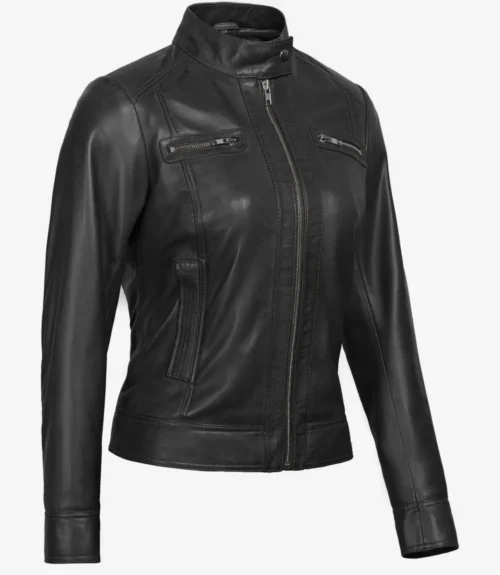 Black leather jacket with a sleek design, featuring a high collar with snap closure, zippered pockets on the chest, and front zipper. Stylish and modern.