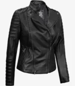 Black leather biker jacket with quilted details, asymmetrical front zipper, and snap-button collar. Stylish, edgy design conveys a bold, confident tone.