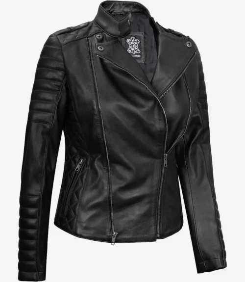 Black leather biker jacket with quilted details, asymmetrical front zipper, and snap-button collar. Stylish, edgy design conveys a bold, confident tone.