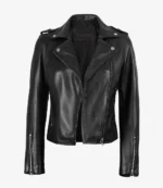 Black leather motorcycle jacket with silver zippers and snap buttons, shown against a white background. The jacket exudes a stylish, edgy vibe.