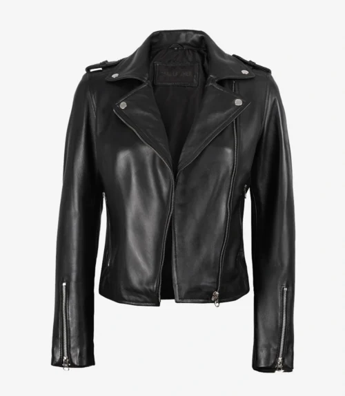 Black leather motorcycle jacket with silver zippers and snap buttons, shown against a white background. The jacket exudes a stylish, edgy vibe.