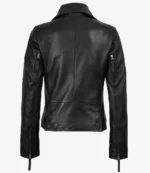 A sleek black leather jacket shown from the back, featuring a smooth texture and zippers on the sleeves. The design is modern and stylish.