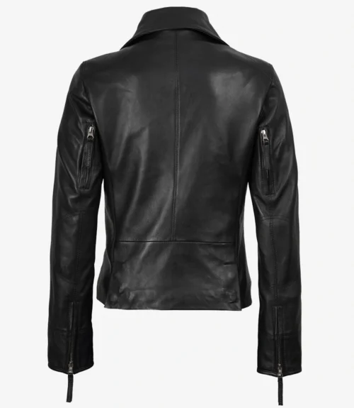 A sleek black leather jacket shown from the back, featuring a smooth texture and zippers on the sleeves. The design is modern and stylish.
