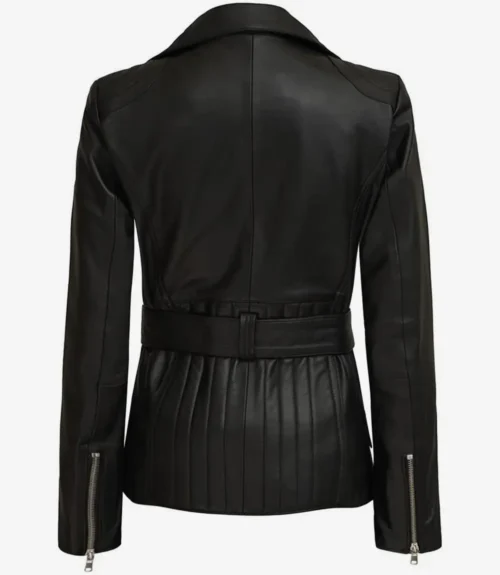 A sleek black leather jacket viewed from the back. It features a wide belt, quilted stitching on the lower back, and zippered cuffs, conveying a chic, modern style.