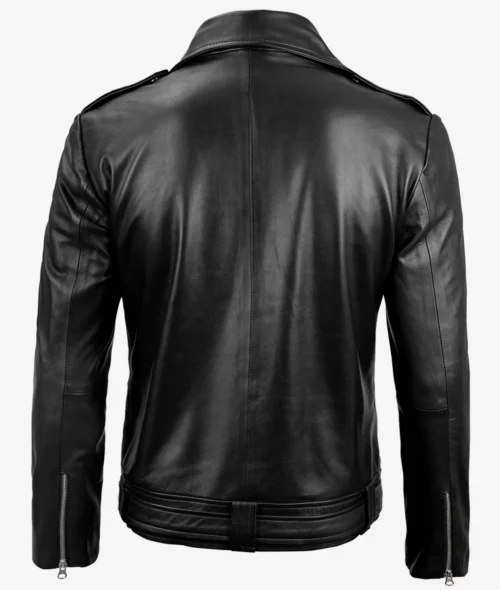 Back view of a black leather jacket with a classic collar, long sleeves, and zippers at the cuffs. The jacket has a sleek, smooth texture.