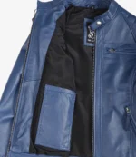 Blue leather jacket with black lining shown open. Features include a collar with a snap button, multiple pockets, and silver zippers, conveying a stylish look.