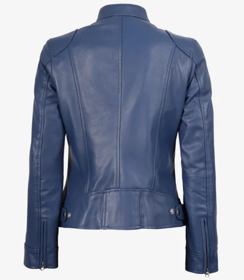 Blue leather jacket viewed from the back, featuring structured seams, a standing collar, and adjustable waist tabs with button details, conveying a sleek, modern look.