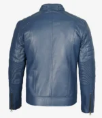 A blue leather jacket is shown from the back, featuring ribbed detailing on the sleeves and zippers at the cuffs, conveying a sleek and stylish tone.