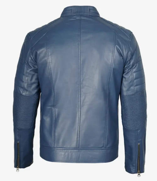 A blue leather jacket is shown from the back, featuring ribbed detailing on the sleeves and zippers at the cuffs, conveying a sleek and stylish tone.