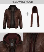 Brown leather jacket with a removable hood, displayed in two parts: the jacket and the detached hood. It features multiple pockets and quilted lining. The tone is stylish and versatile.