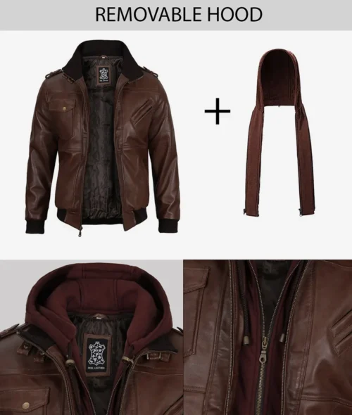 Brown leather jacket with a removable hood, displayed in two parts: the jacket and the detached hood. It features multiple pockets and quilted lining. The tone is stylish and versatile.