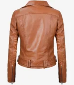 Brown leather jacket with a sleek, smooth texture shown from the back. It features a fitted waist belt and zippered sleeves, conveying a stylish, modern vibe.