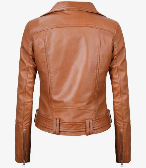 Brown leather jacket with a sleek, smooth texture shown from the back. It features a fitted waist belt and zippered sleeves, conveying a stylish, modern vibe.