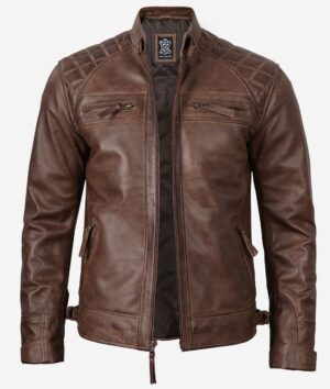 Brown leather jacket with quilted shoulders, zipped breast and side pockets. It has a high collar and open front, conveying a rugged, stylish look.