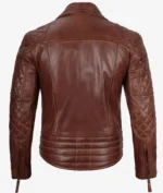 Brown leather jacket from the back, featuring quilted padding on the shoulders and elbows, with zippered cuffs, conveying a rugged, stylish look.