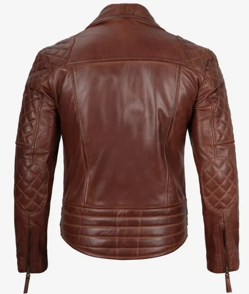 Brown leather jacket from the back, featuring quilted padding on the shoulders and elbows, with zippered cuffs, conveying a rugged, stylish look.