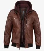 Men’s cognac brown leather bomber jacket with removable hood, front open view