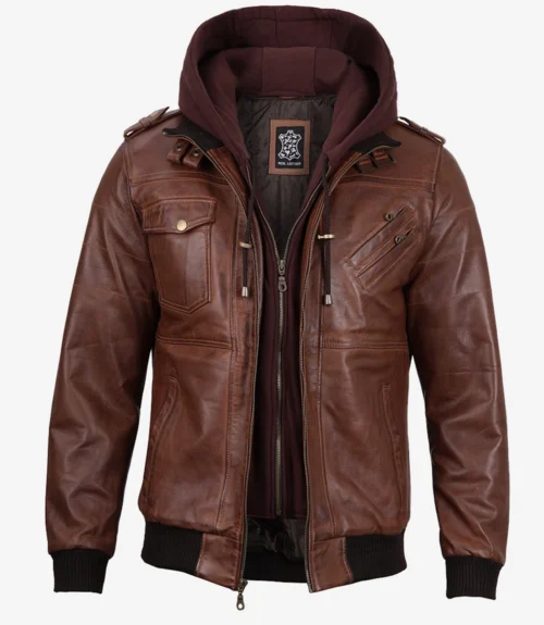Men’s cognac brown leather bomber jacket with removable hood, front open view