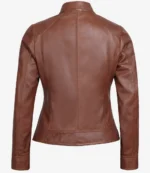 Brown leather jacket shown from the back, highlighting the smooth texture, structured seams, and tailored fit, conveying a sleek and stylish tone.