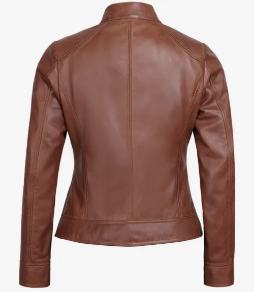 Brown leather jacket shown from the back, highlighting the smooth texture, structured seams, and tailored fit, conveying a sleek and stylish tone.