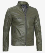 Olive green leather jacket shown on a plain background. Features a high collar, front zipper, and zippered pockets on chest and waist, exuding a sleek, modern style.