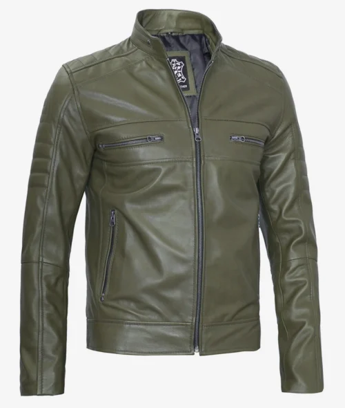 Olive green leather jacket shown on a plain background. Features a high collar, front zipper, and zippered pockets on chest and waist, exuding a sleek, modern style.