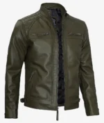 A stylish olive green leather jacket with quilted shoulders, a mandarin collar, and multiple zippers. The sleek design conveys a modern and edgy tone.