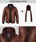 Men’s cognac leather bomber jacket with detachable hood, product collage and close-ups
