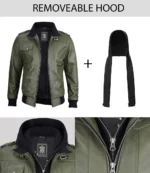 Olive green leather jacket with quilted texture, black cuffs, and detachable black hood. Detailed zippers and pockets emphasize a stylish, versatile design.