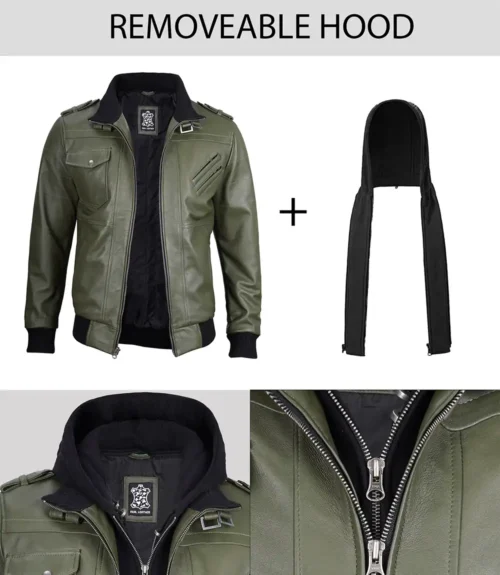 Olive green leather jacket with quilted texture, black cuffs, and detachable black hood. Detailed zippers and pockets emphasize a stylish, versatile design.